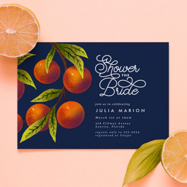 Chic Navy Blue Oranges Citrus Bridal Shower Invitation (Creator Uploaded)