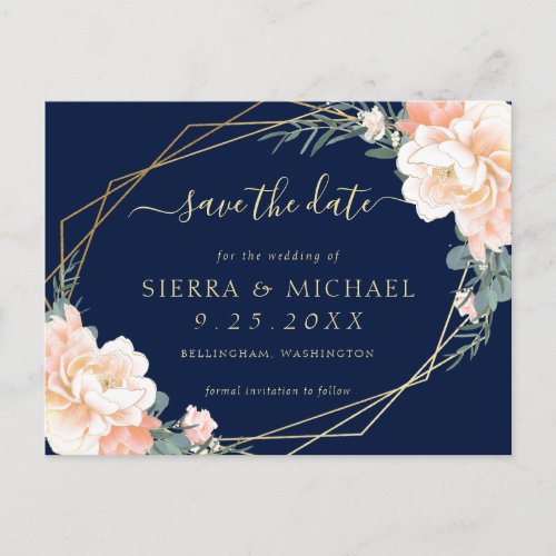 Chic Navy Blue Peach Gold Floral Save the Date Announcement Postcard
