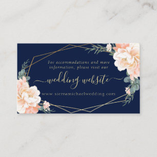 Chic Navy Blue Peach Gold Floral Wedding Website Enclosure Card