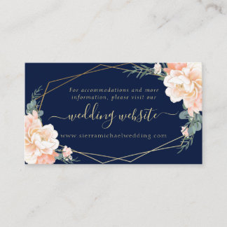 Chic Navy Blue Peach Gold Floral Wedding Website Enclosure Card