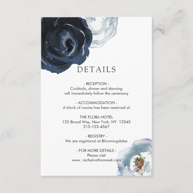 Chic Navy Blue Peony Floral Wedding Details Enclosure Card (Front)