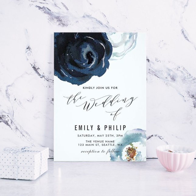 Chic Navy Blue Peony Floral Wedding Invitation (Creator Uploaded)