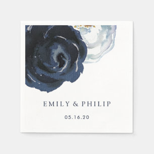 Chic Navy Blue Peony Floral Wedding Paper Napkin
