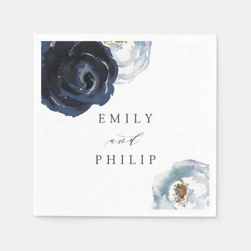 Chic Navy Blue Peony Floral Wedding Paper Napkin