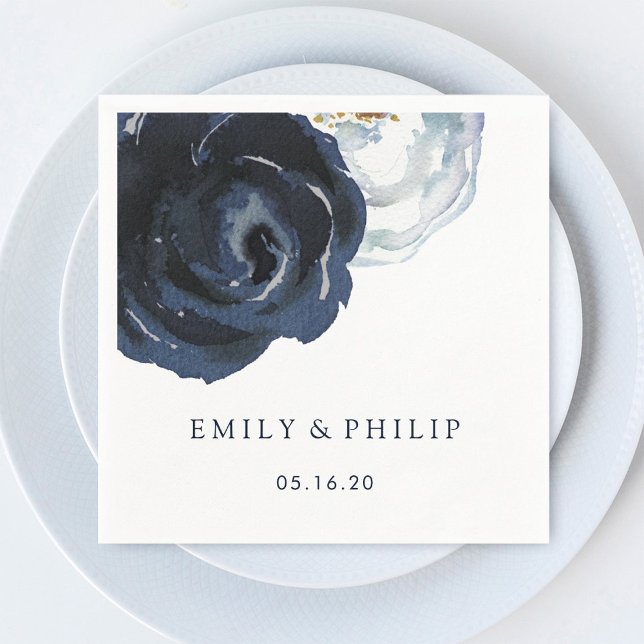 Chic Navy Blue Peony Floral Wedding Paper Napkin (Creator Uploaded)