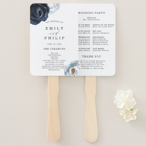 Chic Navy Blue Peony Floral Wedding Program Hand Fan