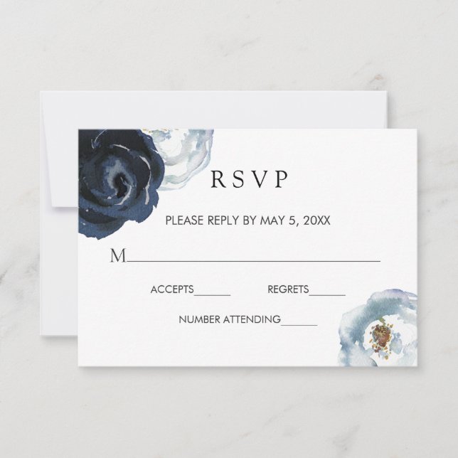 Chic Navy Blue Peony Floral Wedding RSVP Card (Front)