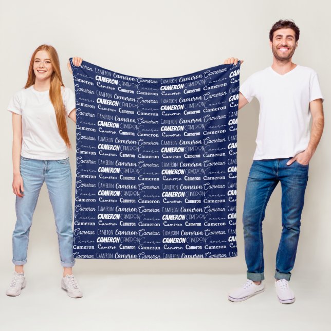 Chic Navy Blue Personalized Name Collage Fleece Blanket (In Situ)