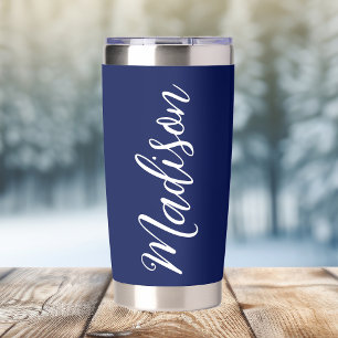 Chic Navy Blue Personalized Name in White Script Insulated Tumbler