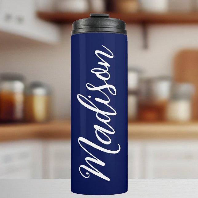 Chic Navy Blue Personalized Name in White Script Thermal Tumbler (Creator Uploaded)