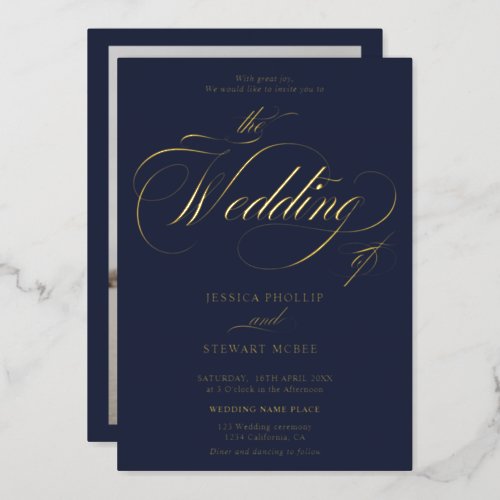 Chic navy blue photo calligraphy wedding foil invitation