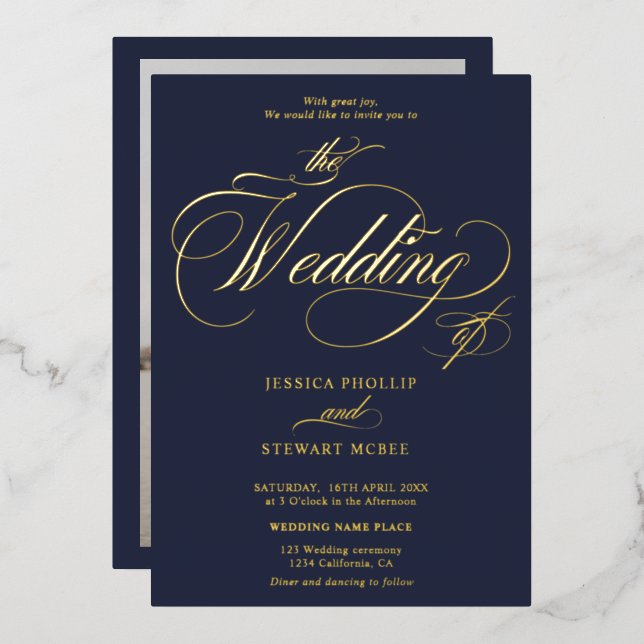 Chic navy blue photo calligraphy wedding foil invitation (Front/Back)