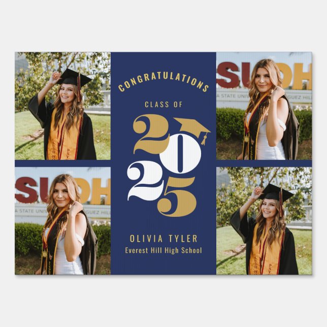 Chic Navy Blue Photo Collage Graduation Sign (Front)
