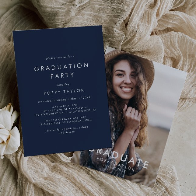 Chic Navy Blue Photo Graduation Party Invitation (Creator Uploaded)