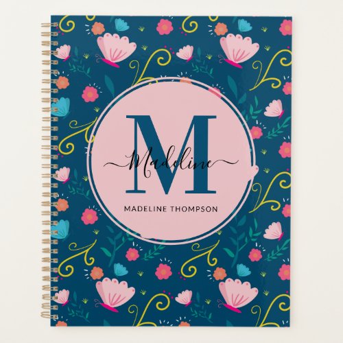 Chic Navy Blue Pink Butterfly Flower Monogram Planner