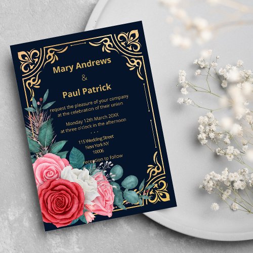 Chic navy blue pink red gold floral frame Wedding  Invitation