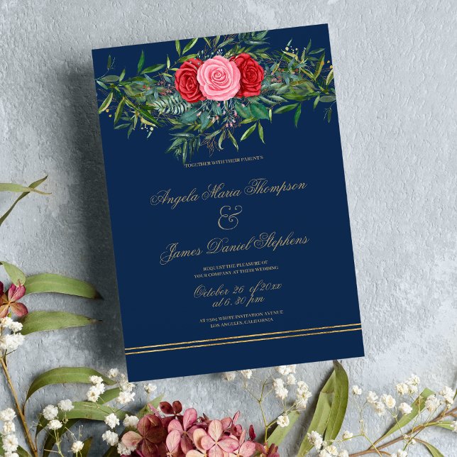 Chic Navy blue pink red green gold floral wedding  Invitation (Chic Navy blue pink red green gold floral wedding)