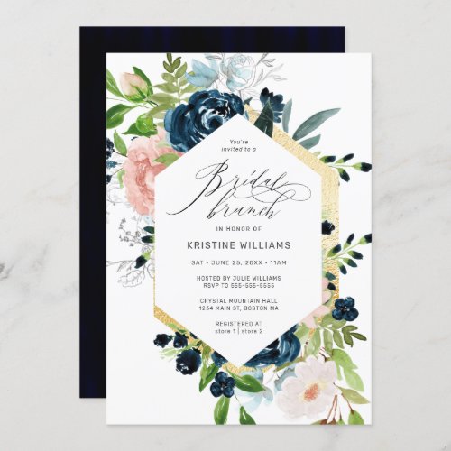 Chic Navy Blue Pink Rose Floral Bridal Brunch Invitation