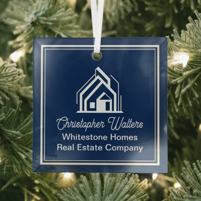 Chic Navy Blue Real Estate Company Custom Realtor Glass Ornament (Insitu)