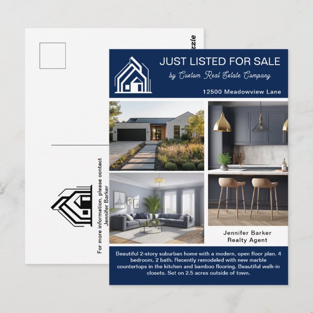 Chic Navy Blue Real Estate Company Home Listing Postcard (Front/Back)