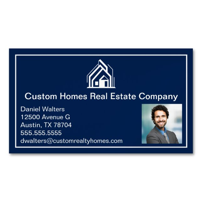 Chic Navy Blue Real Estate Company Realtor Photo Business Card Magnet (Front)