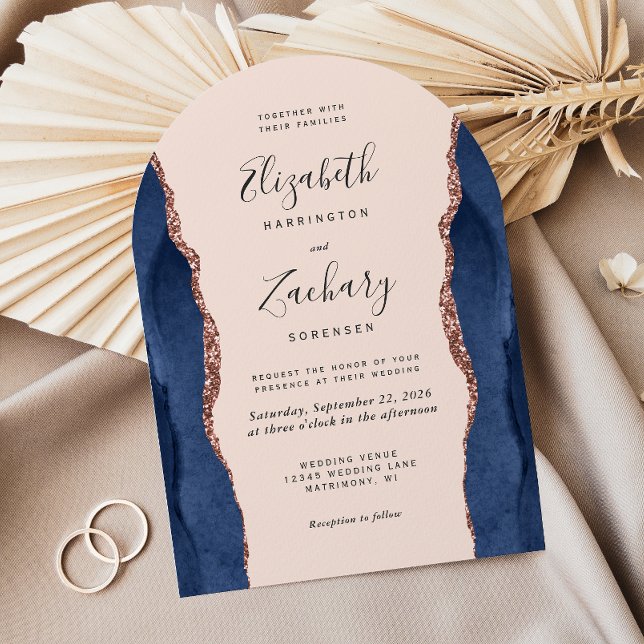 Chic Navy Blue Rose Gold Agate Blush Arch Wedding Invitation (Creator Uploaded)
