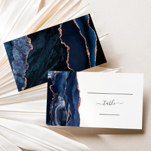 Chic Navy Blue Rose Gold Agate Wedding Escort Place Card