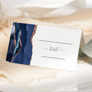 Chic Navy Blue Rose Gold Agate Wedding Table Place Card