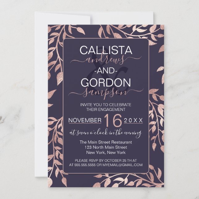 Chic Navy Blue Rose Gold Floral Leaves Engagement Invitation (Front)