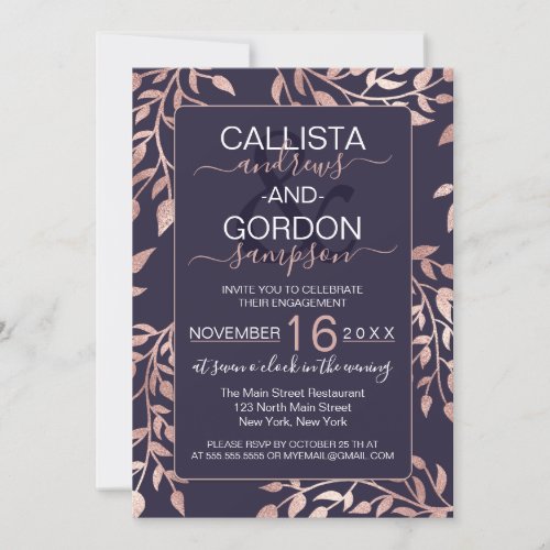 Chic Navy Blue Rose Gold Floral Leaves Engagement Invitation