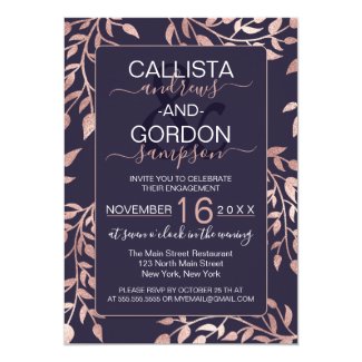 Chic Navy Blue Rose Gold Floral Leaves Engagement Invitation