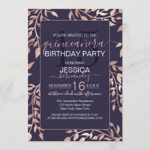 Chic Navy Blue Rose Gold Floral Leaves Quinceañera Invitation