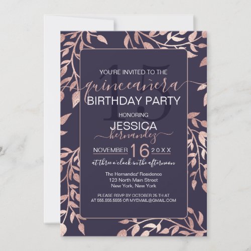 Chic Navy Blue Rose Gold Floral Leaves Quinceaera Invitation