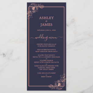 Chic Navy Blue Rose Gold Floral Outline Wedding Menu
