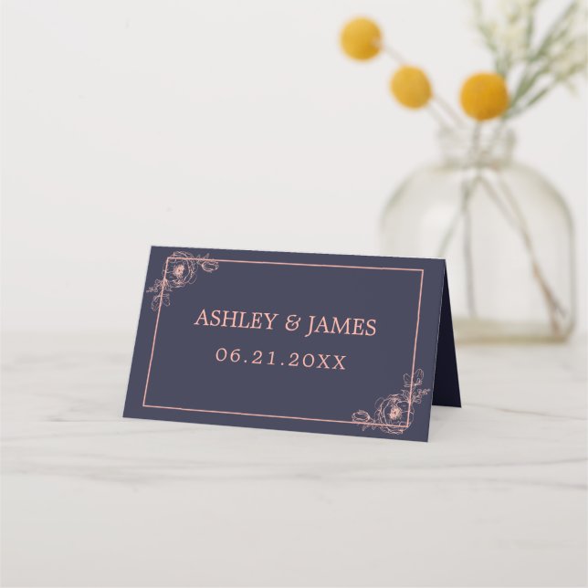 Chic Navy Blue Rose Gold Floral Outline Wedding Place Card (Front)