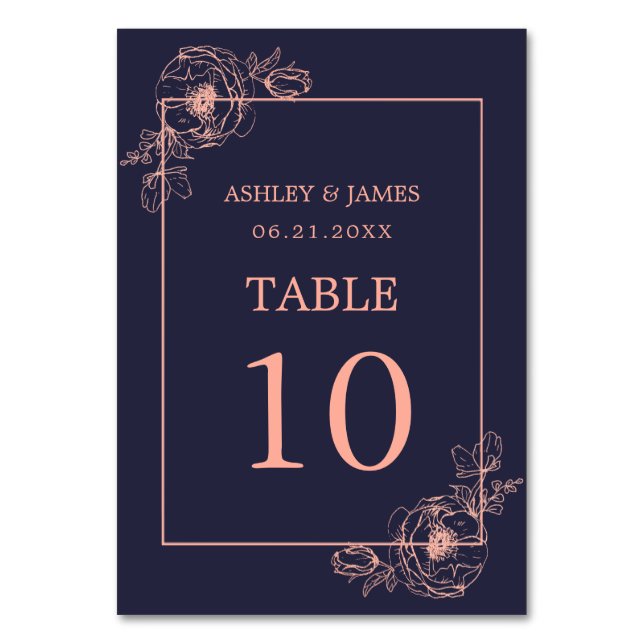 Chic Navy Blue Rose Gold Floral Outline Wedding Table Number (Front)