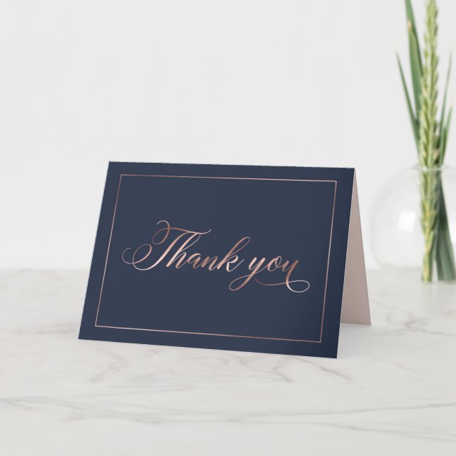 Chic Navy Blue & Rose Gold Foil Calligraphy Script Letterpress Thank You Card (Front)