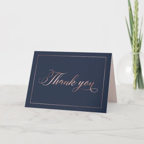 Chic Navy Blue  Rose Gold Foil Calligraphy Script Thank You Card