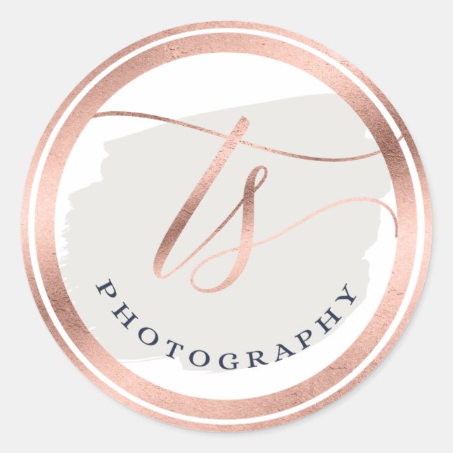 Chic Navy Blue & Rose Gold Foil Company Logo Classic Round Sticker (Front)