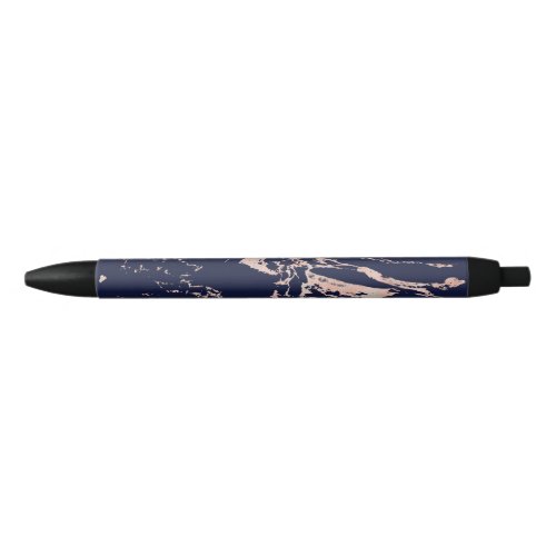 Chic Navy Blue Rose Gold Foil Marble Black Ink Pen