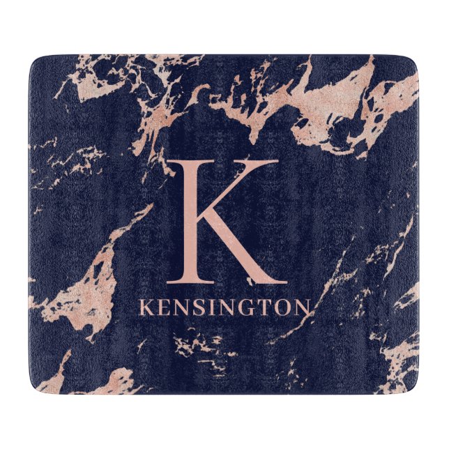 Chic Navy Blue Rose Gold Foil Marble Monogram Cutting Board (Front)