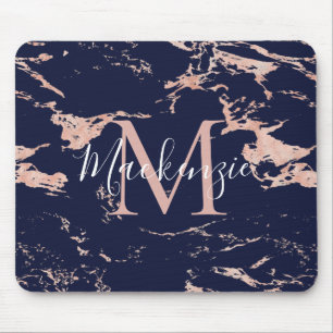 Chic Navy Blue Rose Gold Foil Marble Monogram Mouse Pad