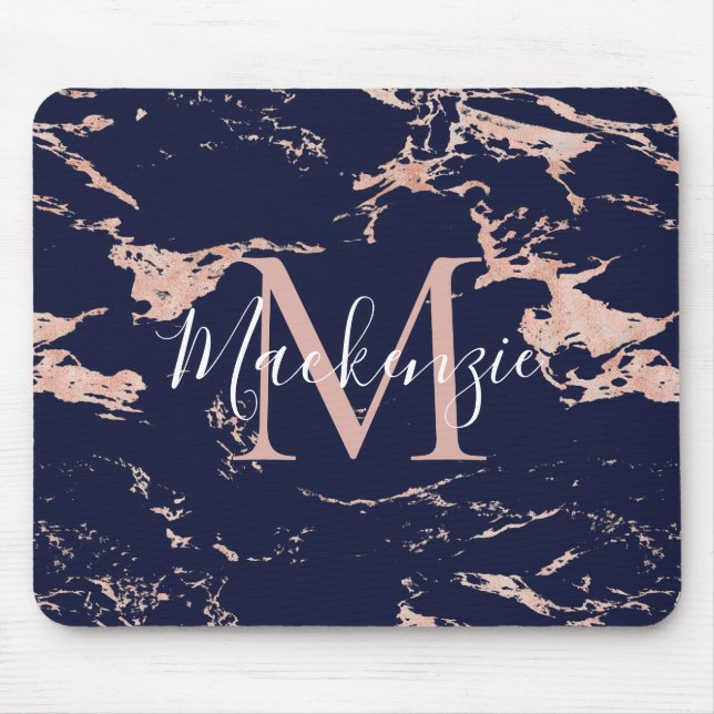 Chic Navy Blue Rose Gold Foil Marble Monogram Mouse Pad (Front)