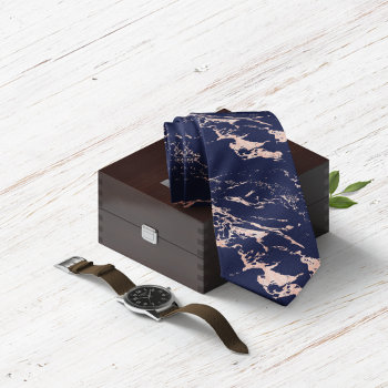 Chic Navy Blue Rose Gold Foil Marble Neck Tie by CedarAndString at Zazzle