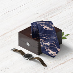 Chic Navy Blue Rose Gold Foil Marble Neck Tie at Zazzle