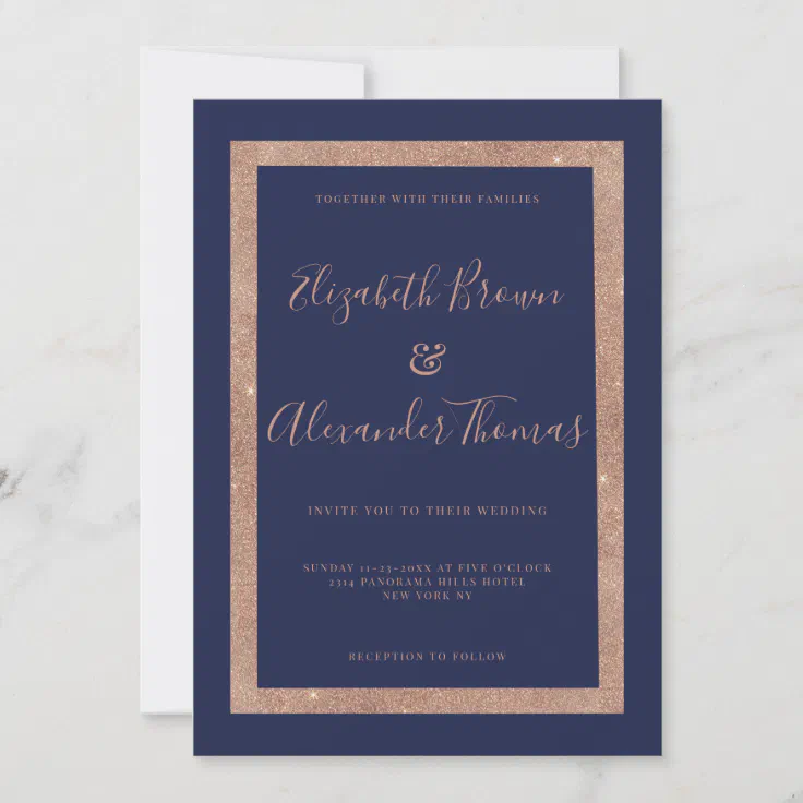 Chic navy blue rose gold frame calligraphy wedding invitation | Zazzle