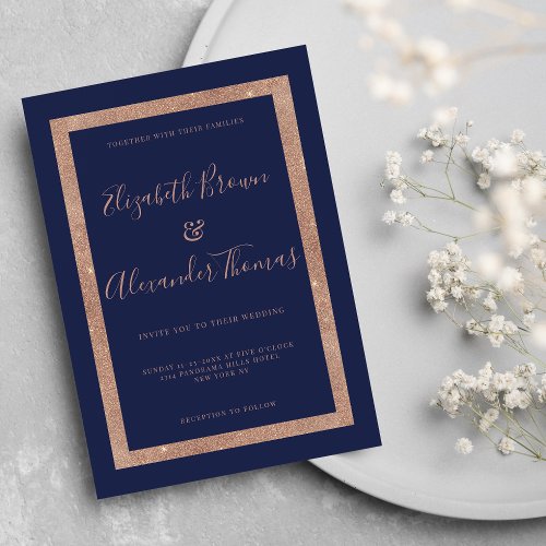 Chic navy blue rose gold frame calligraphy wedding invitation