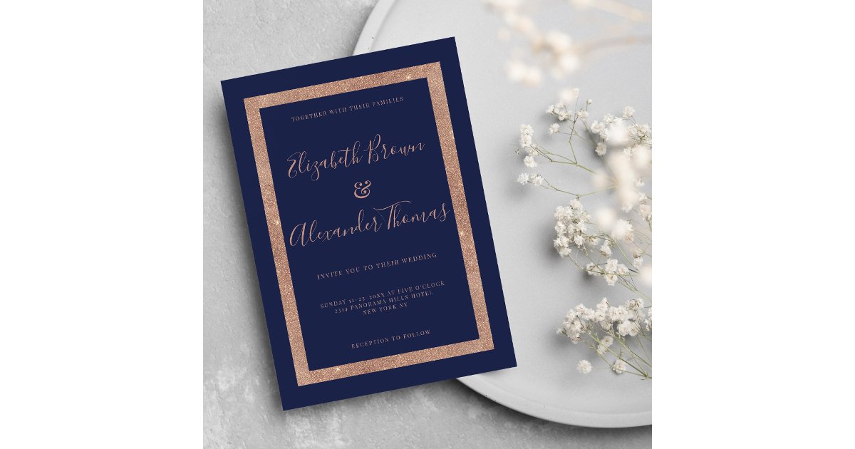 Chic navy blue rose gold frame calligraphy wedding invitation | Zazzle