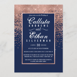 Chic Navy Blue Rose Gold Glitter Confetti Wedding Invitation