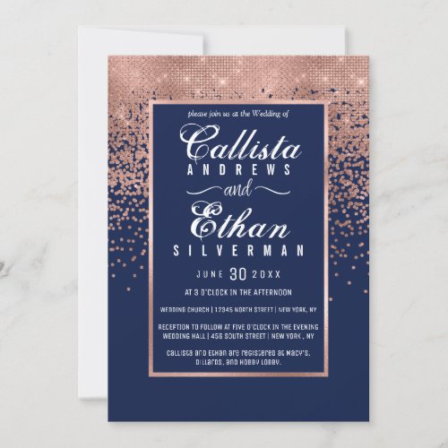 Chic Navy Blue Rose Gold Glitter Confetti Wedding Invitation